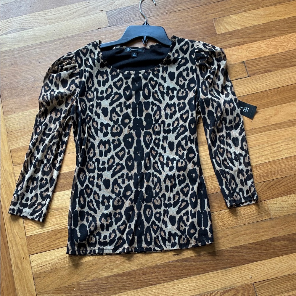INC Animal Print Puff-Sleeve Top in Brown new size small